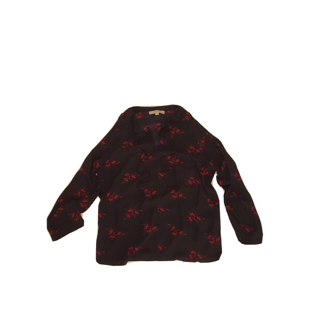 Ann Taylor LOFT Navy Long Sleeve Cold Shoulder Top Size Large Red print